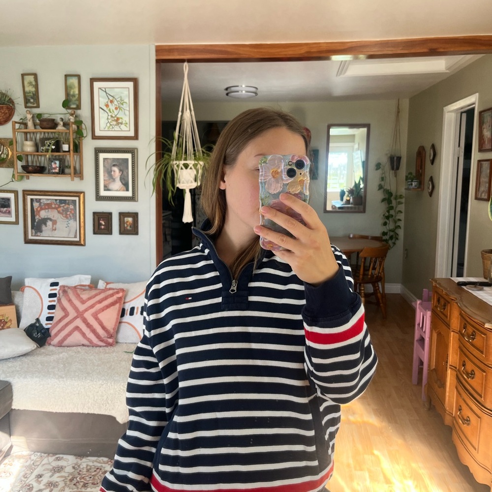 Tommy Hilfiger Navy and Red Striped 3/4 zip polo inspired sweater